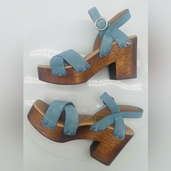 New! SAM EDELMAN Women's Josefine Platform Heeled Sandal Sky Blue - Picture 8 of 15